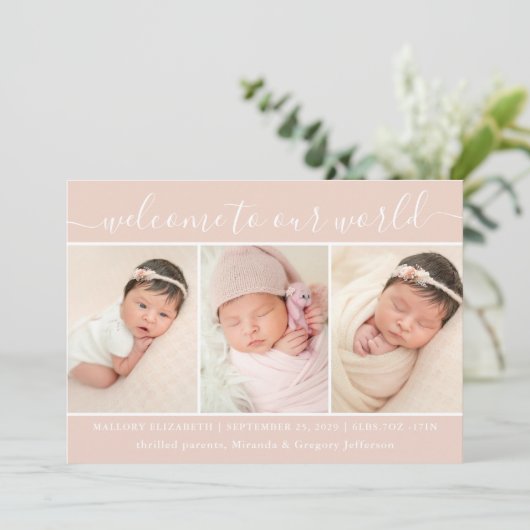 Welkom Baby Girl Foto Collage Blush Birth Announ Aankondiging (Staand voorkant)