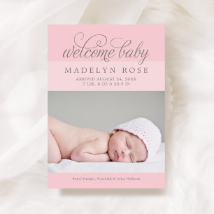 Welkom Baby Girl Roze Schrift Foto Geboorteaankond Aankondiging