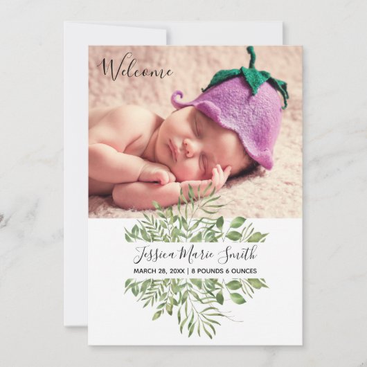 Welkom Baby Greenery Foto Geboorte Aankondiging (Voorkant)