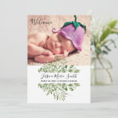 Welkom Baby Greenery Foto Geboorte Aankondiging (Staand voorkant)
