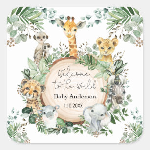 Welkom Baby Greenery Oerwoud Animals Favors Vierkante Sticker