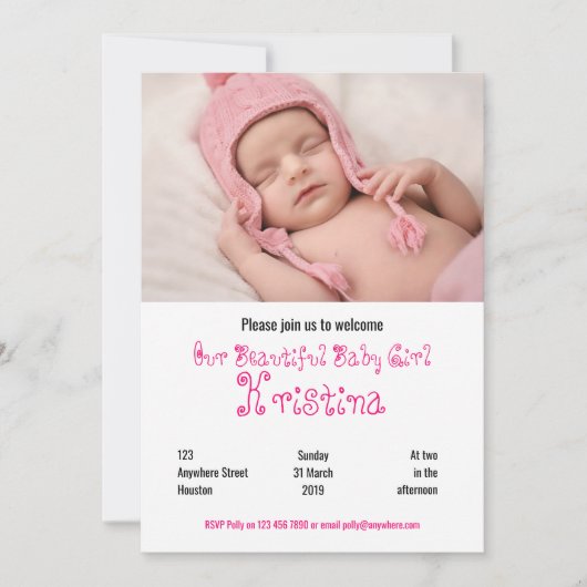 Welkom Baby Meisje Douche Fotofeest uitnodiging (Voorkant)