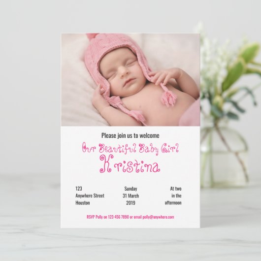 Welkom Baby Meisje Douche Fotofeest uitnodiging (Staand voorkant)