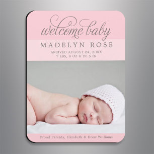 Welkom Baby Meisje   Elegante Licht Roze Foto Gebo Magneet