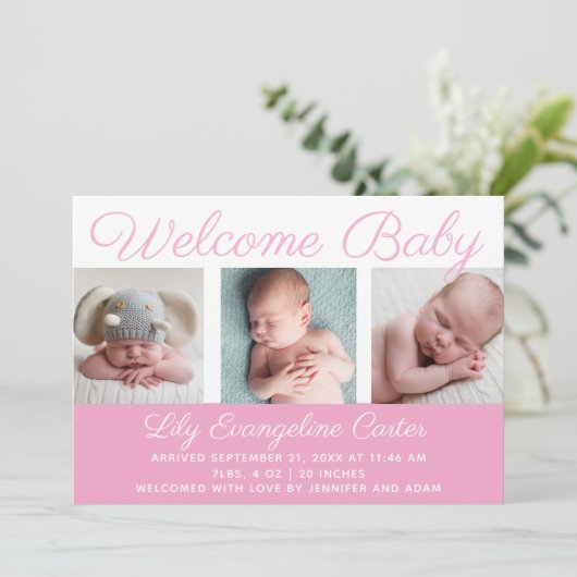 Welkom Baby Meisje Foto Mooie Roze Script Geboorte Aankondiging (Staand voorkant)