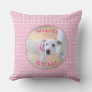 Welkom Baby Meisje Foto van Cute Witte Puppy Hond Kussen