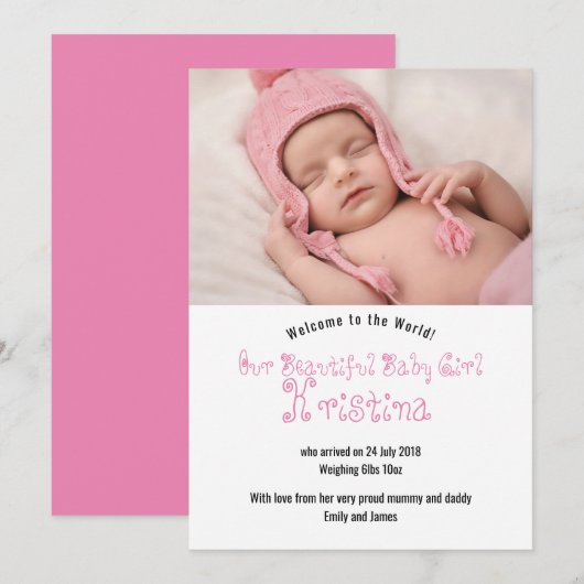 Welkom Baby Meisje Fotoaankondiging Kaart (Voorkant / Achterkant)