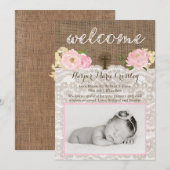 Welkom baby meisje kaart met roze bloemen en kruis (Voorkant / Achterkant)
