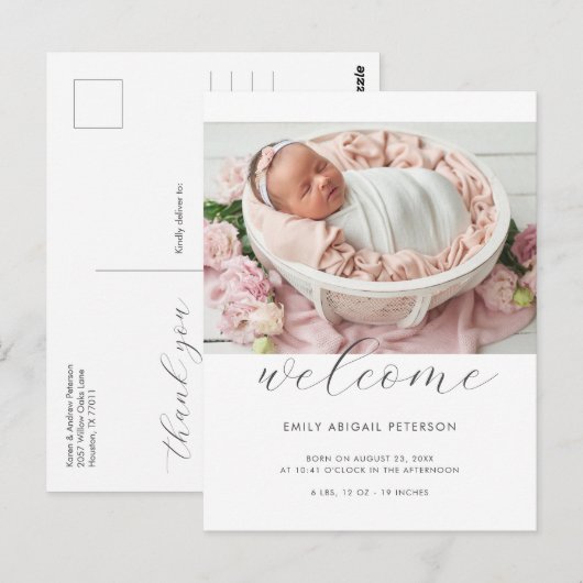 Welkom Baby Modern Chic Foto Geboorte Aankondiging Briefkaart (Voorkant / Achterkant)