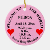 Welkom Baby roze Rattle Birth Stats Keramisch Ornament (Voorkant)