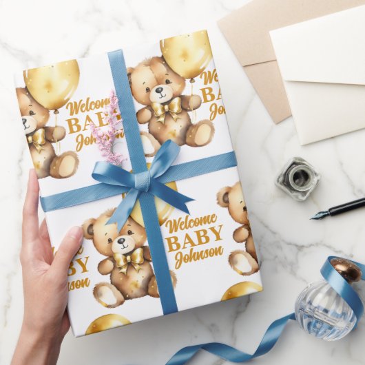 Welkom baby schattige teddybeer gouden ballon cust cadeaupapier (Geschenken)