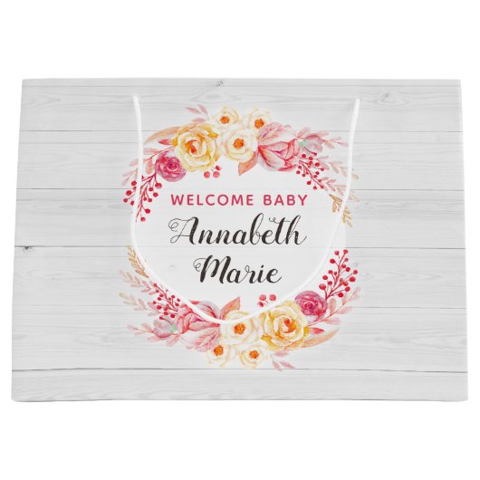 Welkom Baby Shabby Chic Rustiek Bloemen Baby showe Groot Cadeauzakje (Voorkant)