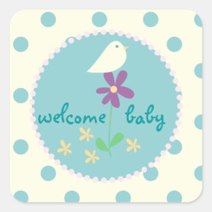 Welkom Baby shower Blue Dot White Bird Vierkante Sticker
