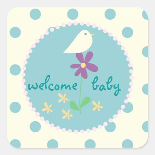 Welkom Baby shower Blue Dot White Bird Vierkante Sticker (Voorkant)