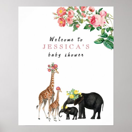 Welkom Baby shower Cute Elephant & Giraffe Sign Poster (Voorkant)