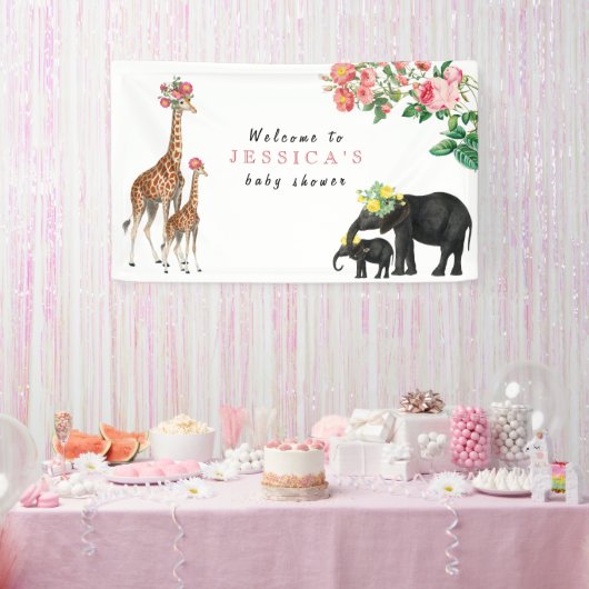 Welkom Baby shower Cute Elephant & Giraffe Sign Spandoek (Feest)