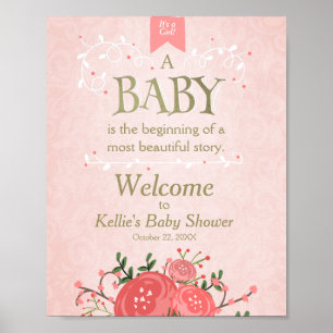 Welkom baby shower Girl Pink en Gold Floral Poster