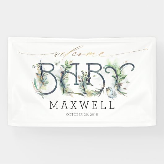 Welkom Baby shower Gouden bladeren Groen Spandoek (Horizontaal)