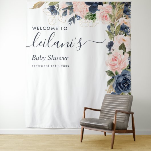 Welkom Baby shower marineroze Floral Cascade Wandkleed (In situ)