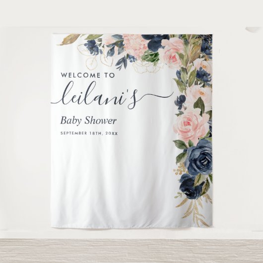 Welkom Baby shower marineroze Floral Cascade Wandkleed (Voorkant)