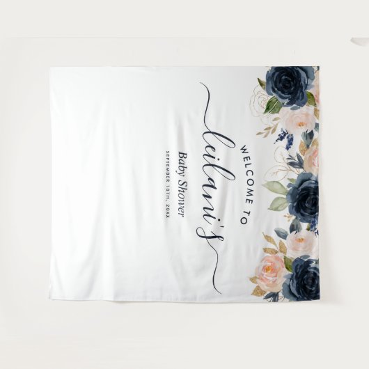 Welkom Baby shower Navy Pink Floral Botanical Wandkleed (Voorkant (horizontaal))