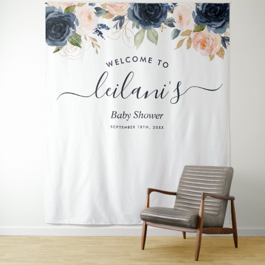 Welkom Baby shower Navy Pink Floral Botanical Wandkleed (In situ)