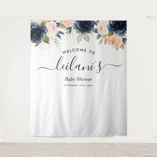 Welkom Baby shower Navy Pink Floral Botanical Wandkleed (Voorkant)