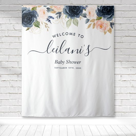 Welkom Baby shower Navy Pink Floral Botanical Wandkleed