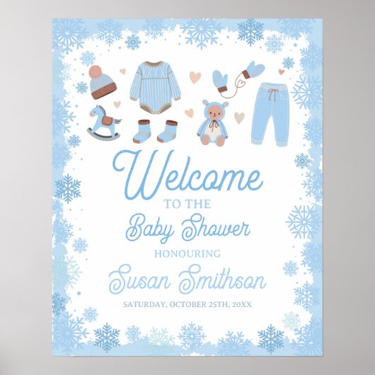 Welkom Baby shower Poster Blue Boys Sneeuwwinter (Voorkant)