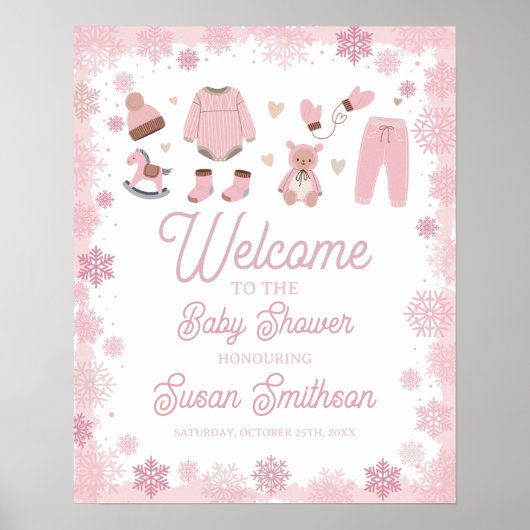 Welkom Baby shower Poster Roze Sneeuw Winter (Voorkant)