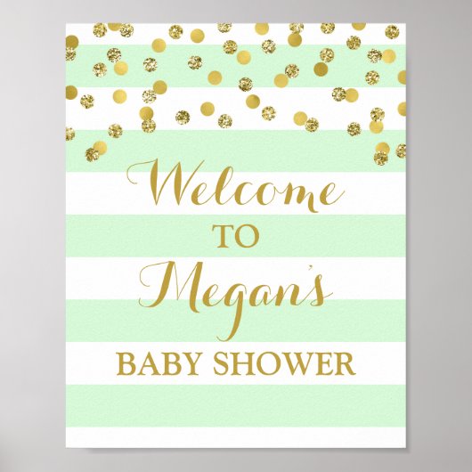 Welkom Baby shower Sign Mint Stripe Gold Confetti Poster (Voorkant)