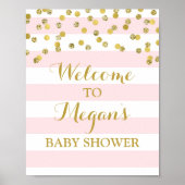 Welkom Baby shower Teken Roze Stripe Gold Confetti Poster (Voorkant)