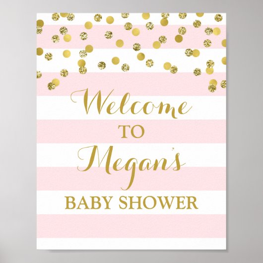 Welkom Baby shower Teken Roze Stripe Gold Confetti Poster (Voorkant)