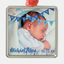 Welkom babyjongen blauwe banners | Datum, naam, fo Metalen Ornament