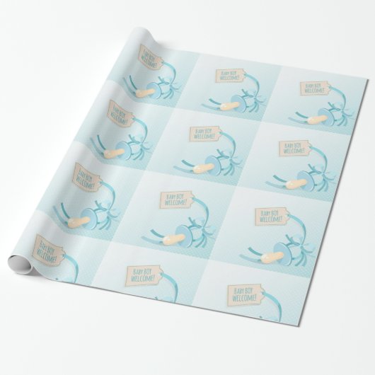 Welkom babyjongen met blauwe pacifier cadeaupapier (Uitgerold)