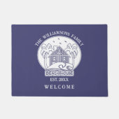 Welkom Beach House Familienaam Blauw en Wit Deurmat (Voorkant)