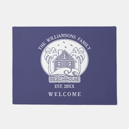 Welkom Beach House Familienaam Blauw en Wit Deurmat (Voorkant)