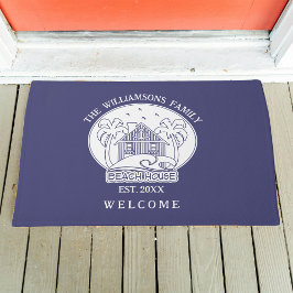 Welkom Beach House Familienaam Blauw en Wit Deurmat
