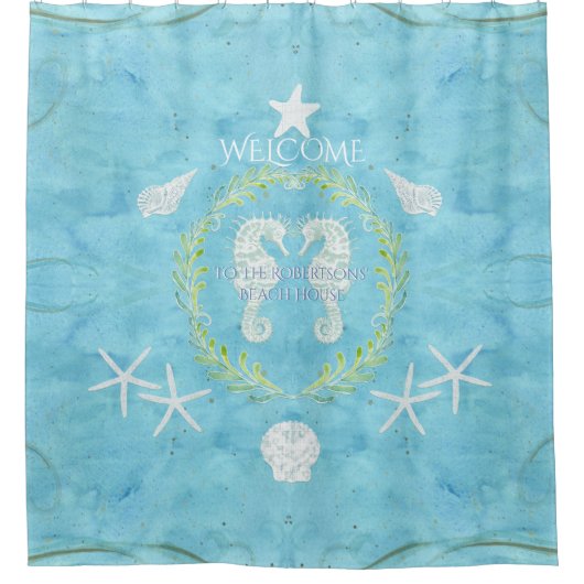 Welkom Beach House Seahorse Starfish Waterverf Douchegordijn (Voorkant)
