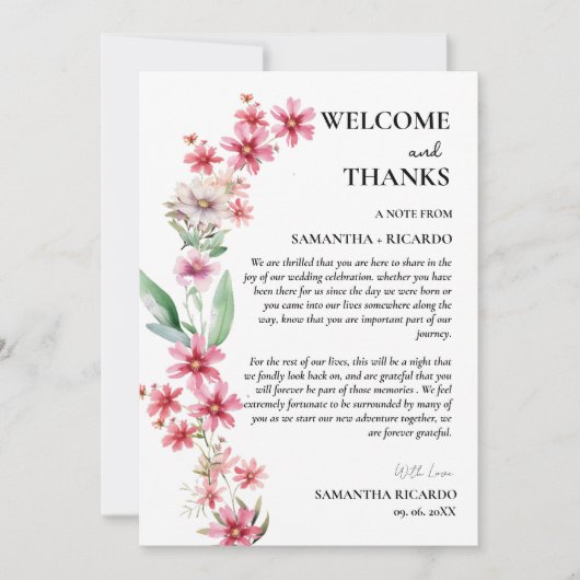 Welkom & bedankt bloemenbruiloft gast tafel Kaart (Voorkant)