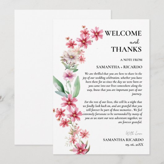 Welkom & bedankt bloemenbruiloft gast tafel Kaart (Voorkant / Achterkant)