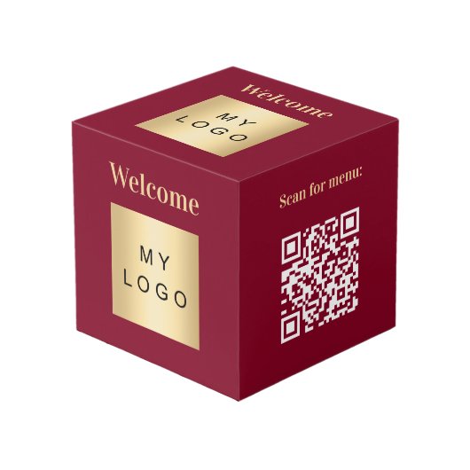 Welkom bedrijf logo QR code bordeauxmenu tafel Kubus (Voorkant hoekig)