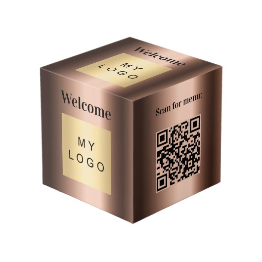 Welkom bedrijf logo QR code brons menutabel Kubus (Voorkant hoekig)