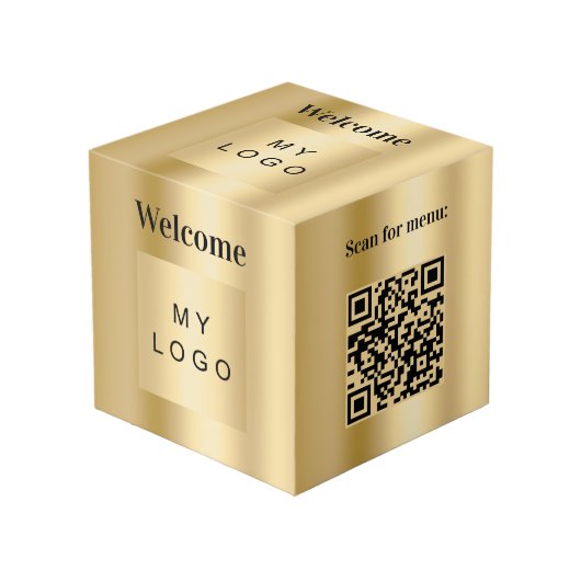 Welkom bedrijf logo QR code gouden menutabel Kubus (Voorkant hoekig)