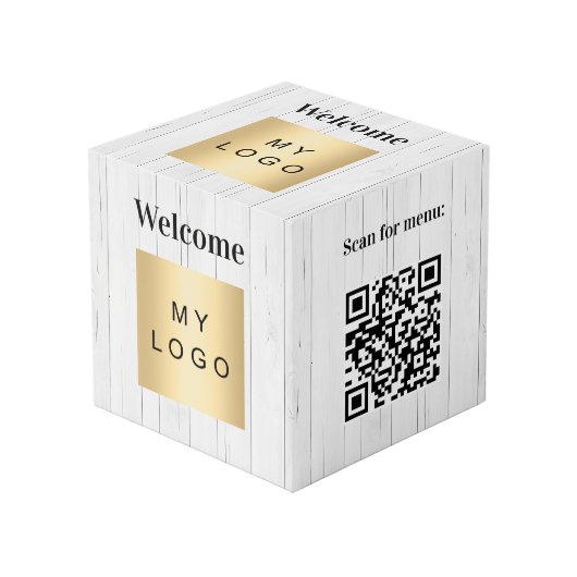 Welkom bedrijf logo QR code hout menu tafel Kubus (Voorkant hoekig)