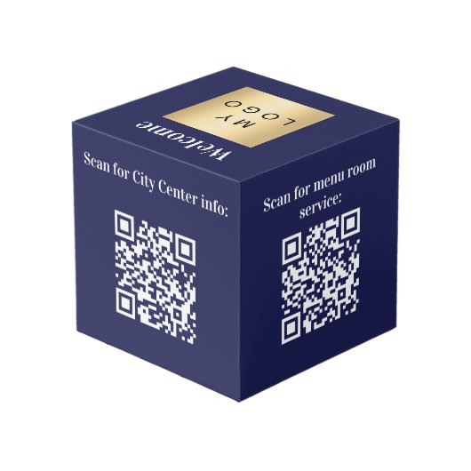 Welkom bedrijf logo QR codes blauwe info tabel Kubus (Achter hoekig)