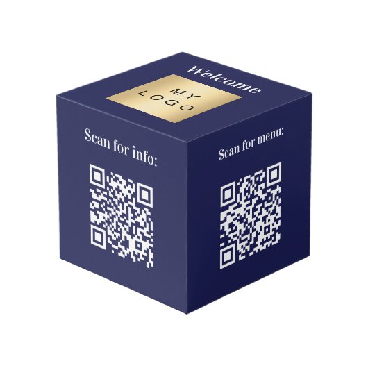 Welkom bedrijf logo QR codes blauwe info tabel Kubus (Voorkant hoekig)