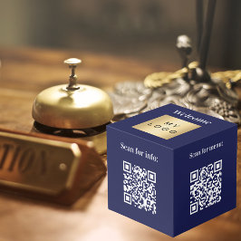 Welkom bedrijf logo QR codes blauwe info tabel Kubus