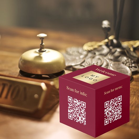 Welkom bedrijf logo QR codes bordeaux info tabel Kubus