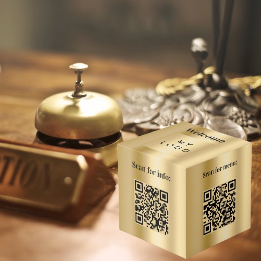 Welkom bedrijf logo QR codes goud info tabel Kubus